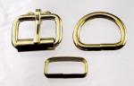 Two one inch brass plated roller buckles, two deluxe>
  belt keepers, and two D rings